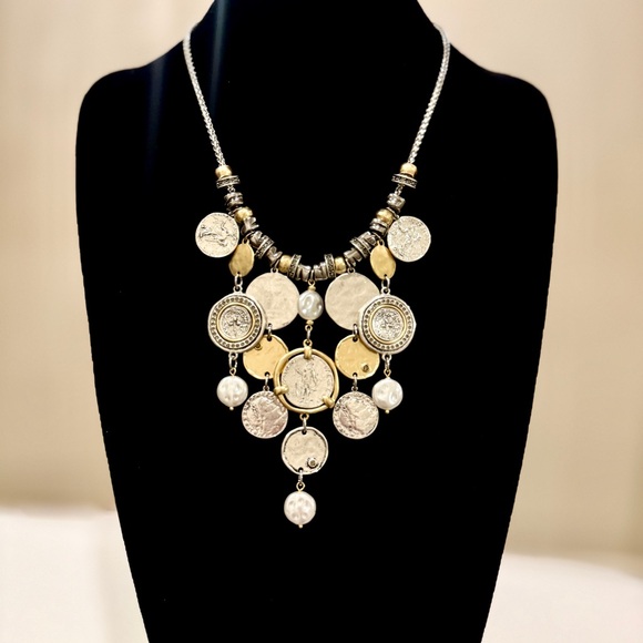 Chico's Jewelry - CHICO’S Mixed Metal Coin Statement Bib Necklace W Pearl & Crystal Accent | NEW